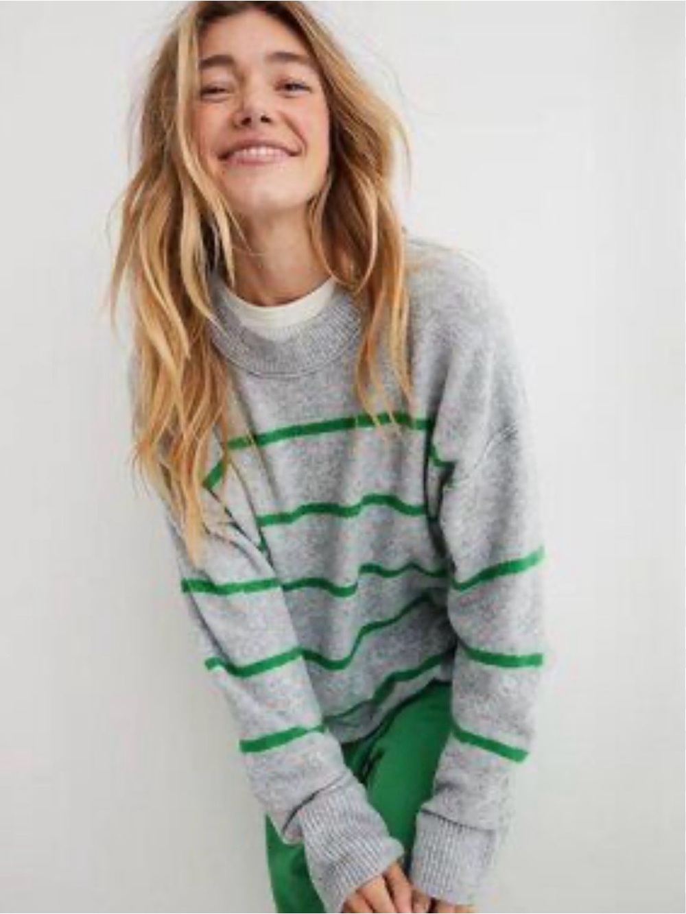 Aerie Unreal Gray Green Stripe Sweater Medium tunic crew neck stretch